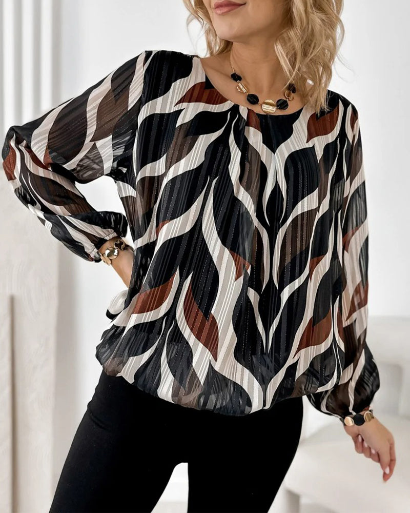 Artistic Leaf Print Pleated Long-Sleeve Blouse