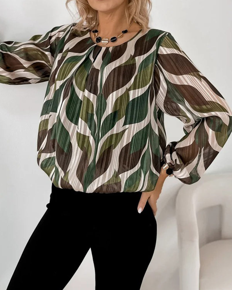 Artistic Leaf Print Pleated Long-Sleeve Blouse