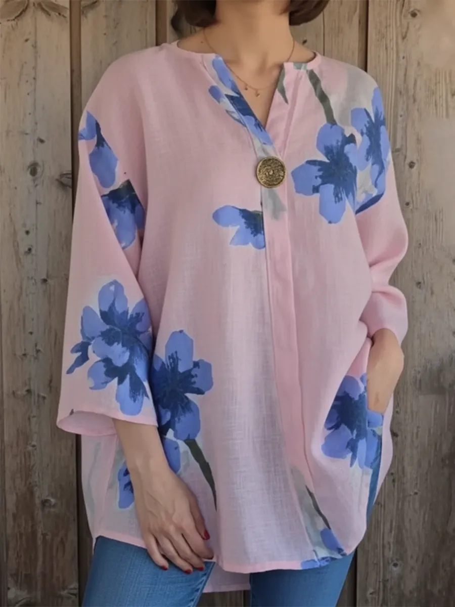 Elegant Floral Print Button-Detail Relaxed Blouse