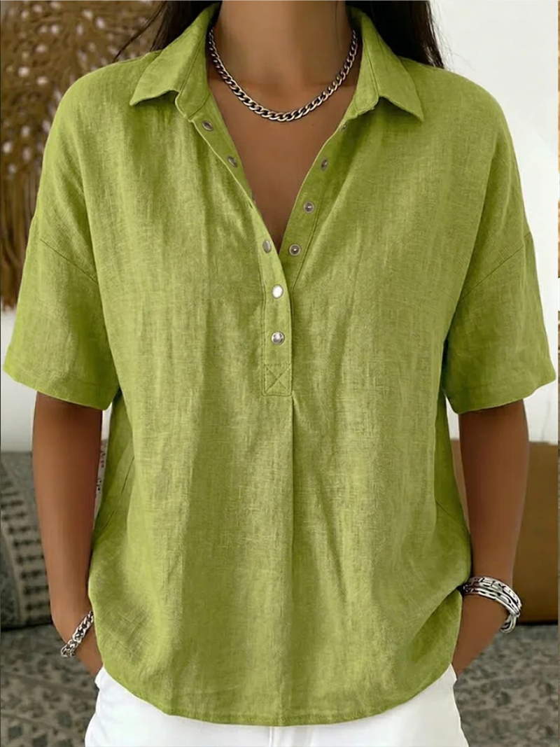 Snap-Button Casual Linen Blouse