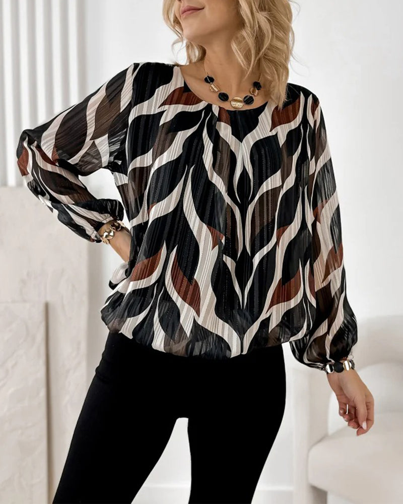 Artistic Leaf Print Pleated Long-Sleeve Blouse