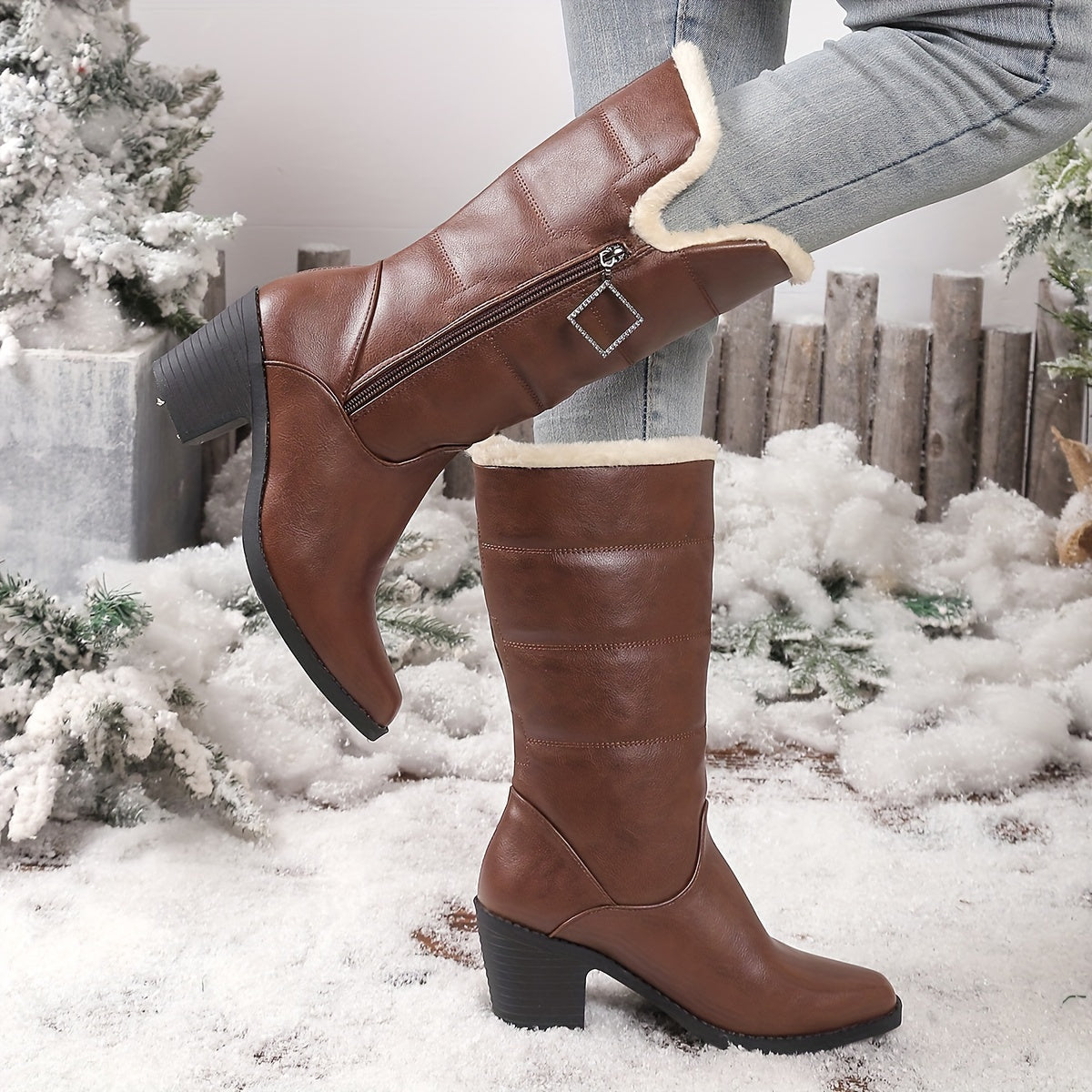 Beryl™ | Faux-fur cuff side-zip heeled knee-high boots