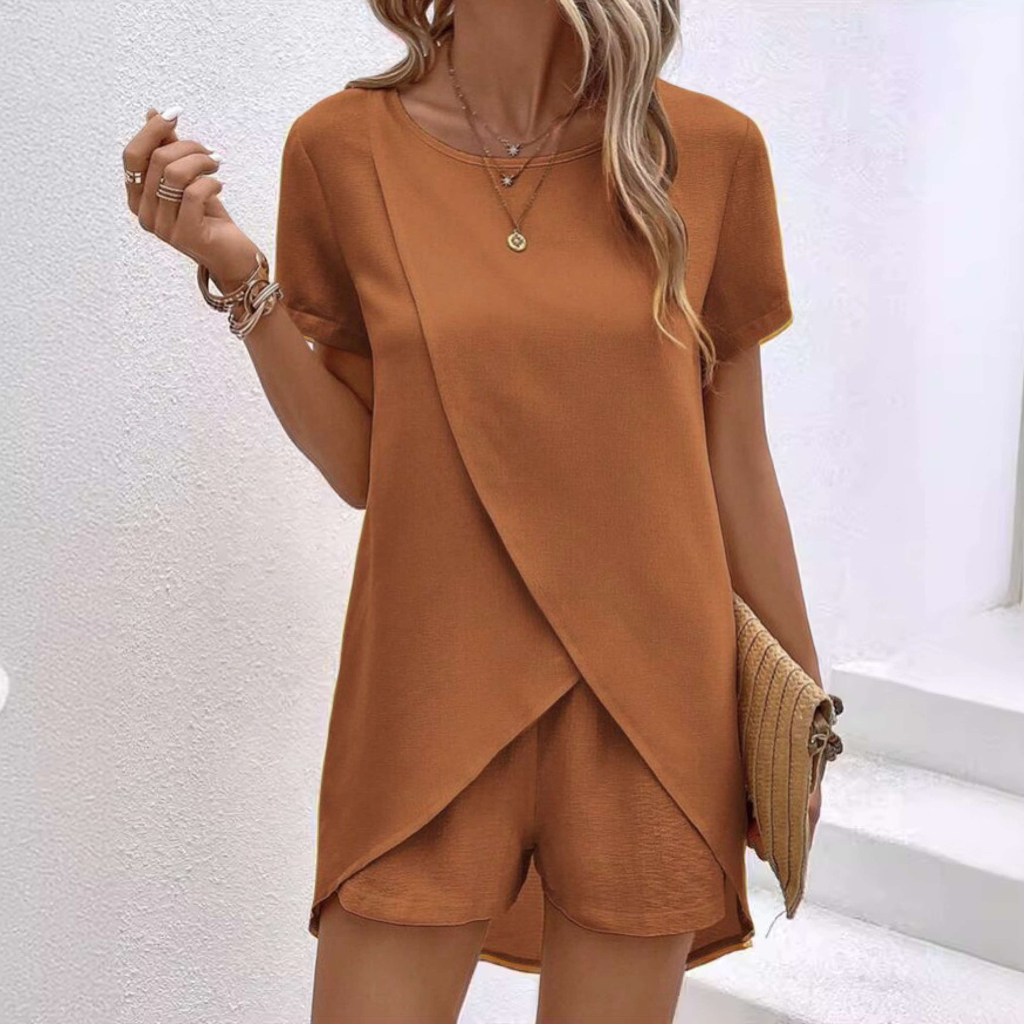 Crossover-Hem Casual Summer Top & Shorts Set