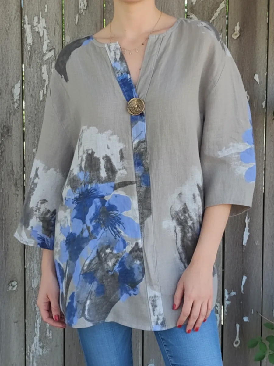 Elegant Floral Print Button-Detail Relaxed Blouse