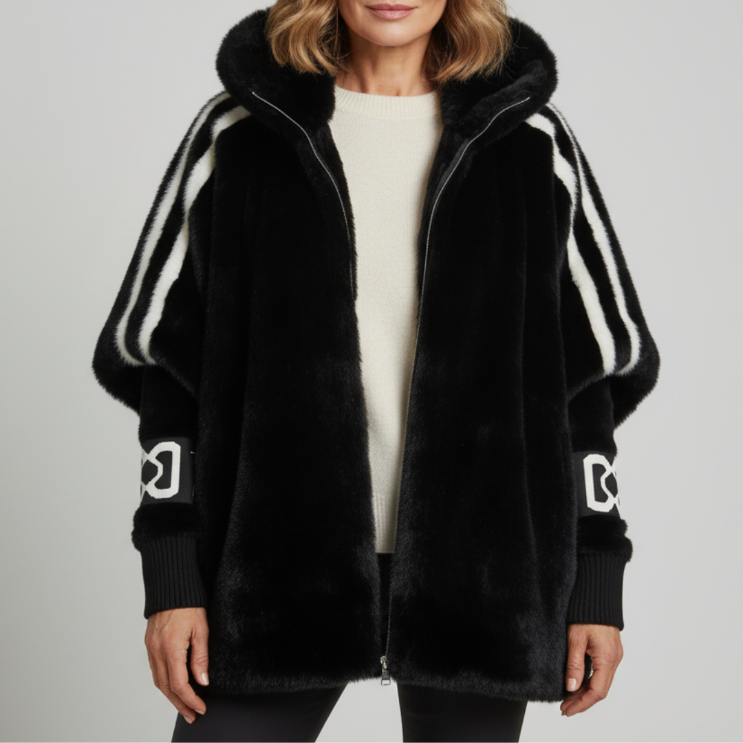 Gladys™ | Striped-sleeve hooded faux-fur coat