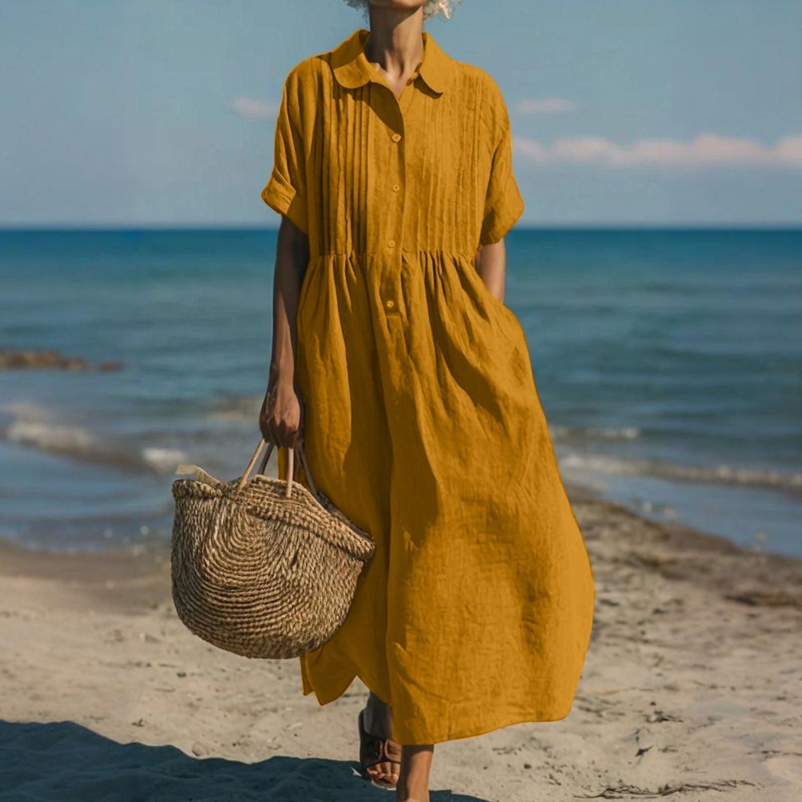 Pleated Boho Linen Button Maxi Dress