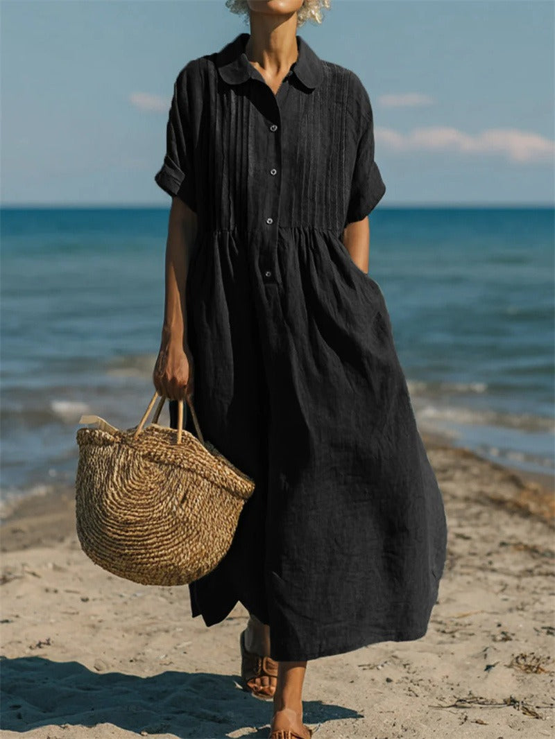Pleated Boho Linen Button Maxi Dress