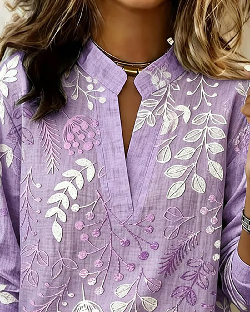 Blouse with Floral Print and Stand-Up Collar