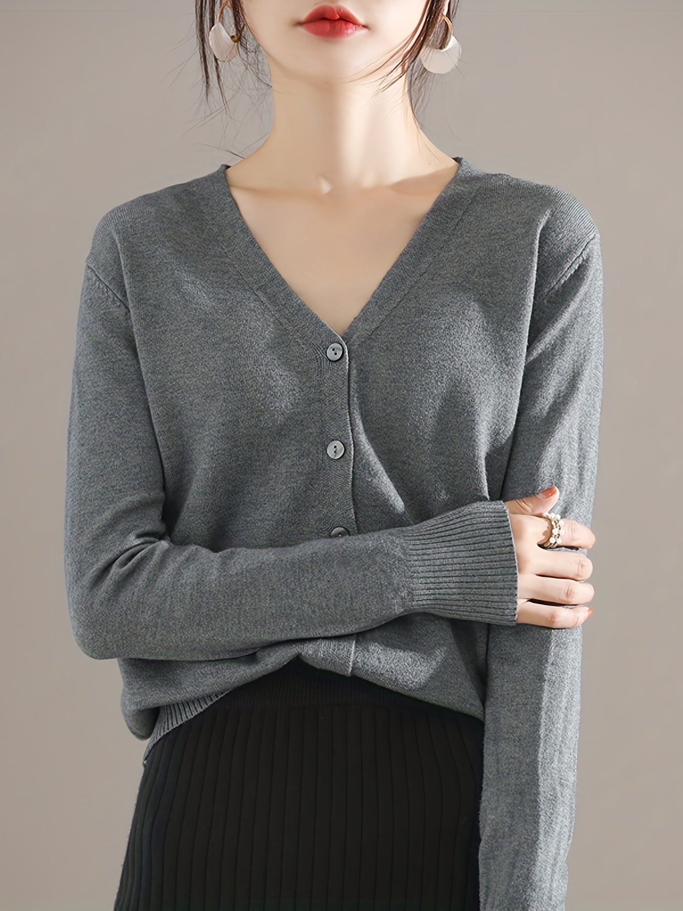 Solène™ | Button-Front Ribbed-Cuff V-Neck Cardigan Sweater