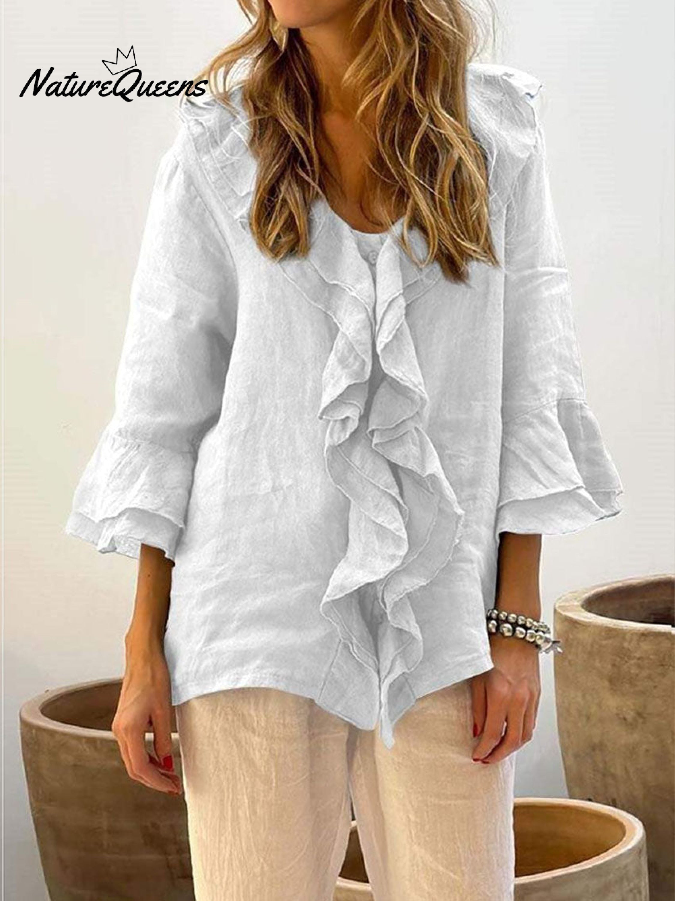 Ruffle-Front Linen Boho Blouse