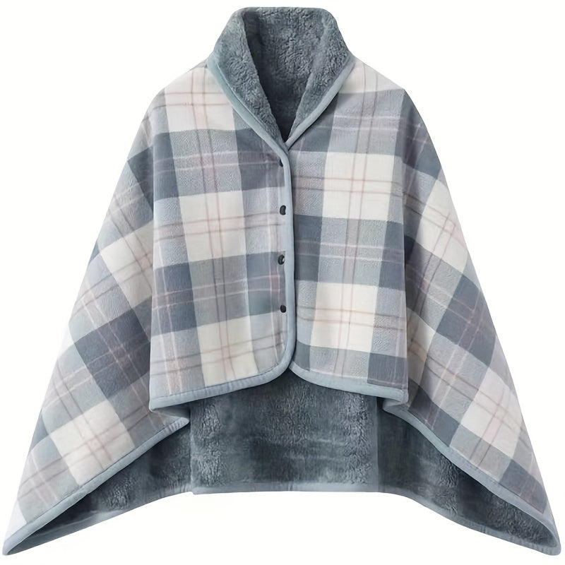 Steela™ | Plaid Fleece-Lined Buttoned Poncho Cape