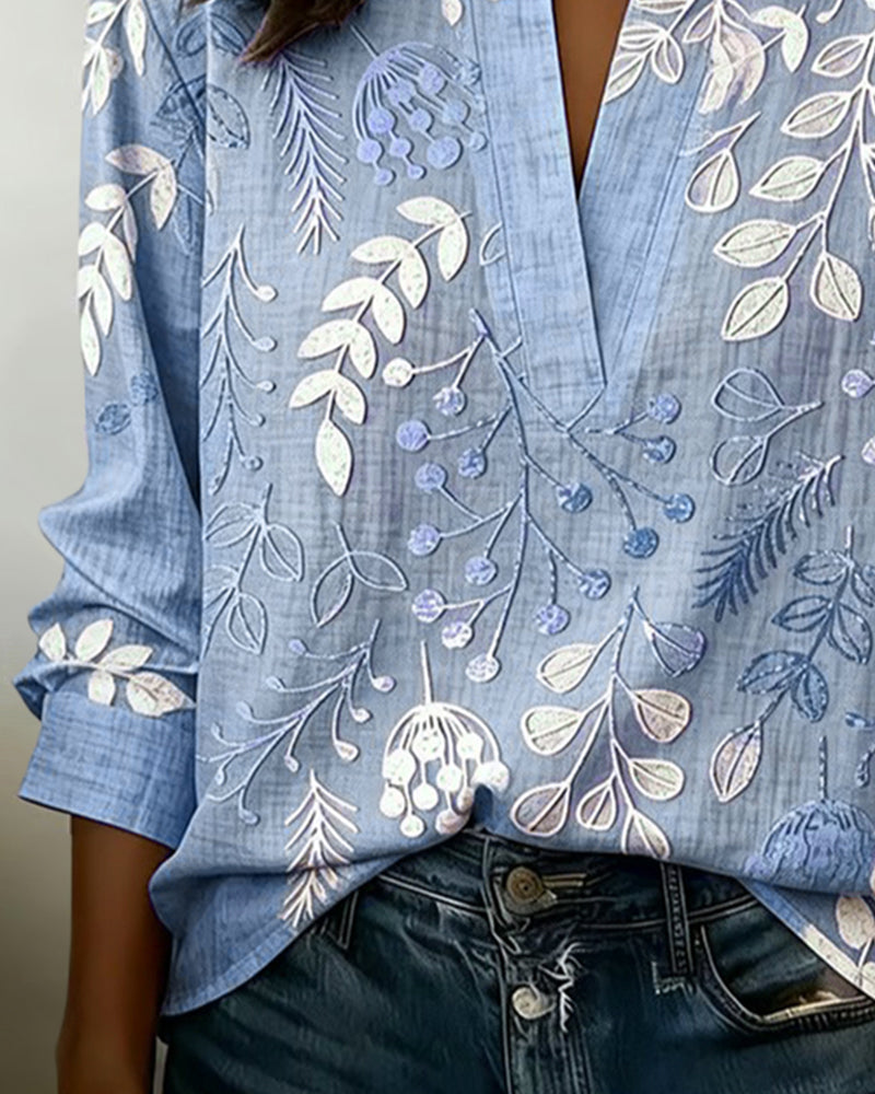 Blouse with Floral Print and Stand-Up Collar