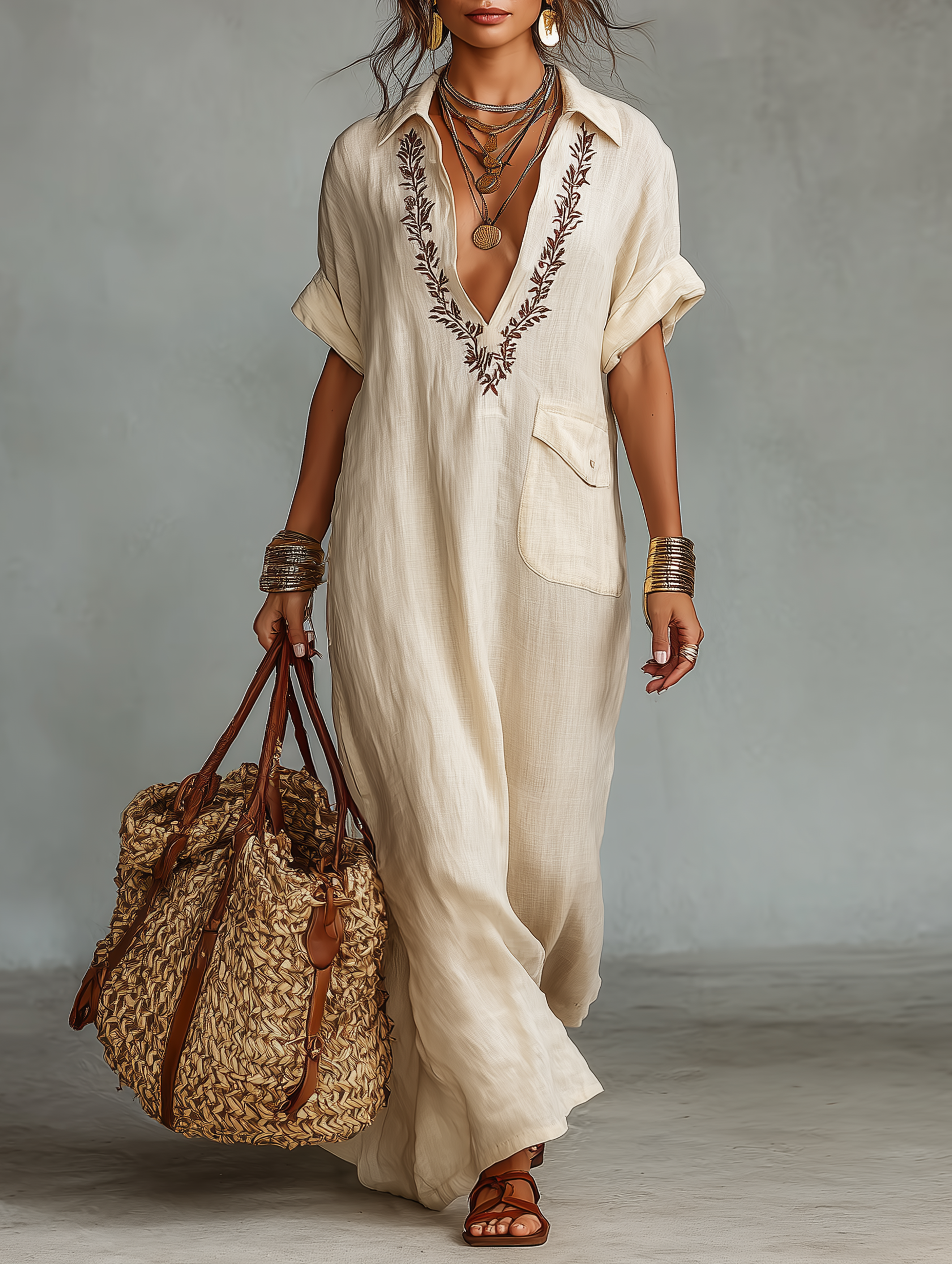 Embroidered Boho Linen Shirt Maxi Dress