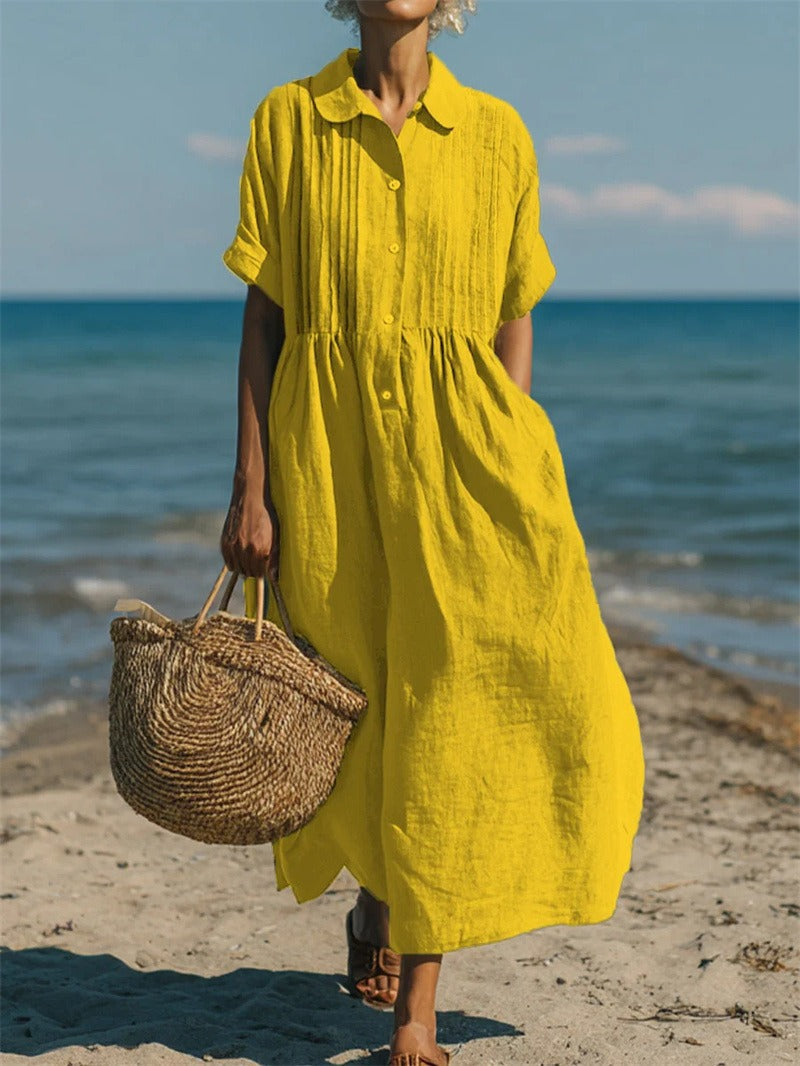 Pleated Boho Linen Button Maxi Dress