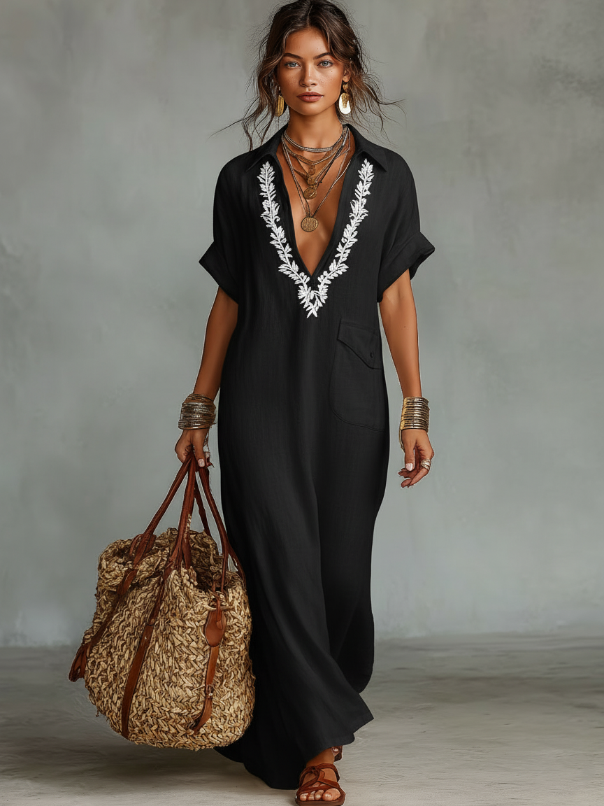 Embroidered Boho Linen Shirt Maxi Dress