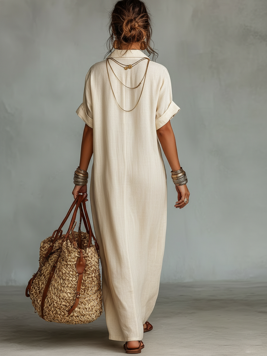 Embroidered Boho Linen Shirt Maxi Dress