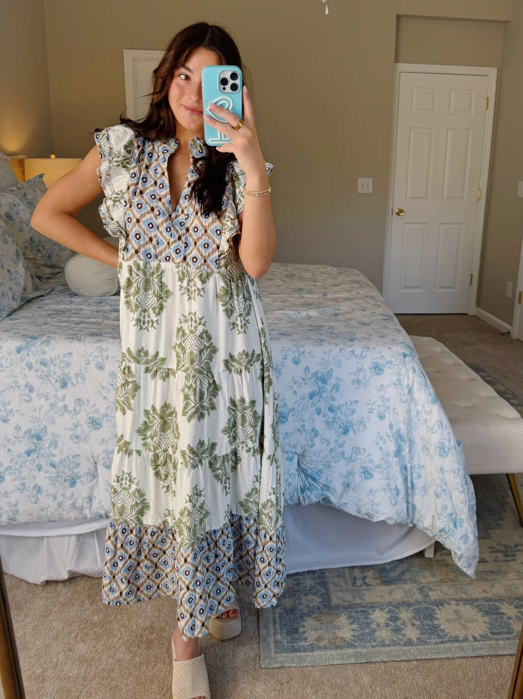 Artistic Floral Print Ruffle Sleeve Maxi Dress