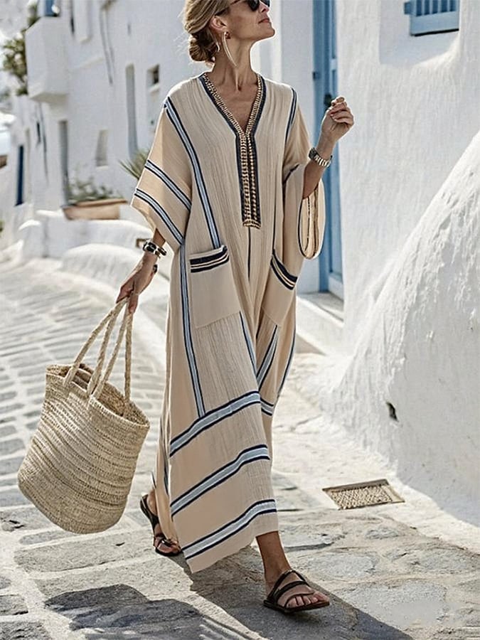 Striped Embroidered V-Neck Dress