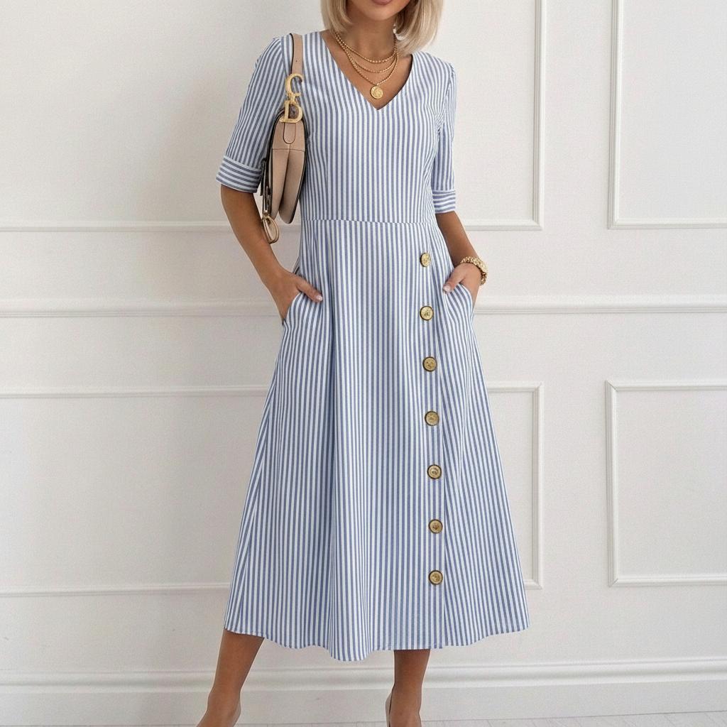 Button-Detail Striped Elegant V-Neck Midi Dress