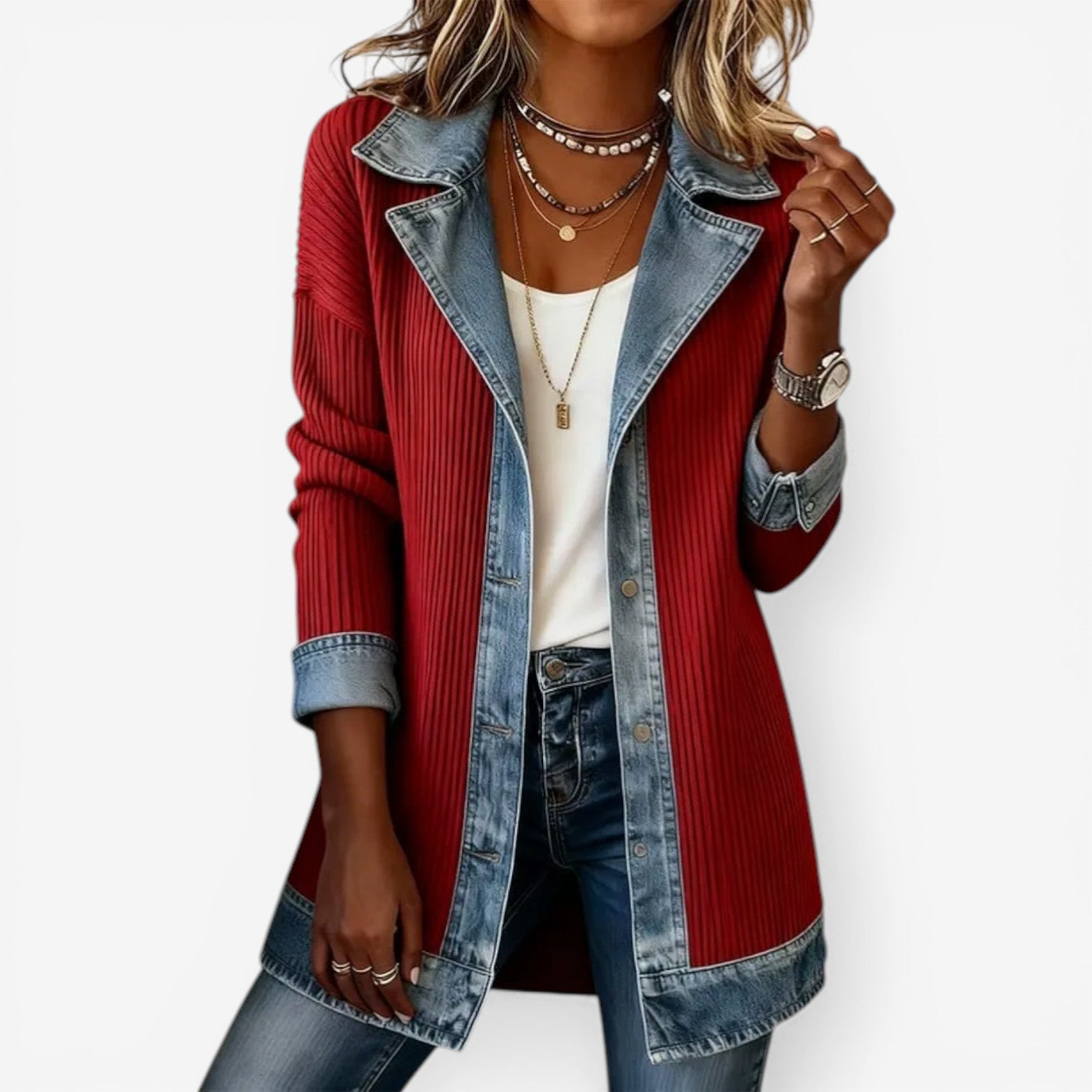Denim Ribbed Patchwork Longline Jacket