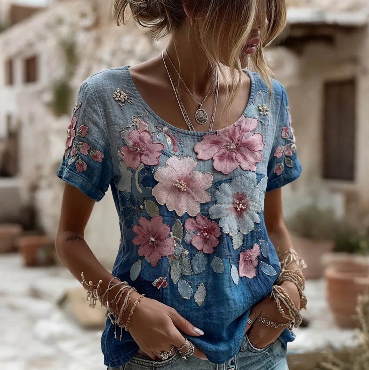 Rose Embroidered Boho Lace-Trim Blouse