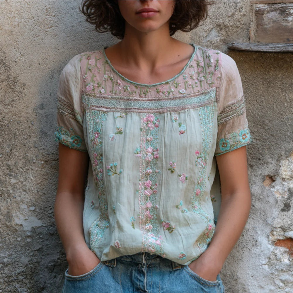 Rose Embroidered Boho Lace-Trim Blouse