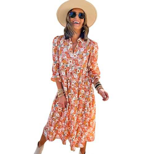 Floral Print Boho Button-Down Midi Dress