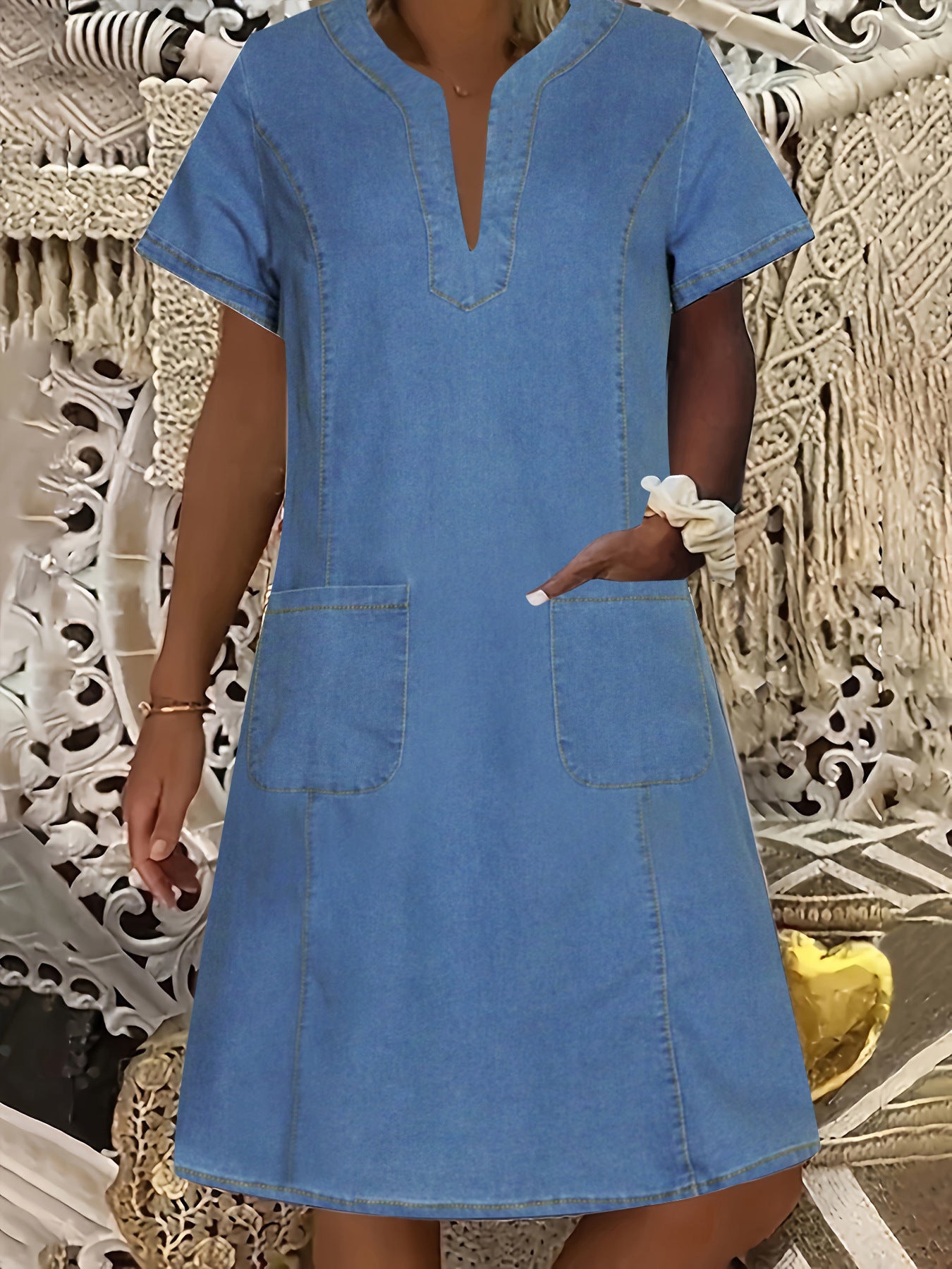 V-Neck Casual Pocket Denim Mini Dress