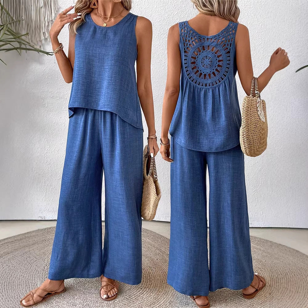 Elegant Crochet Back Wide Leg Set