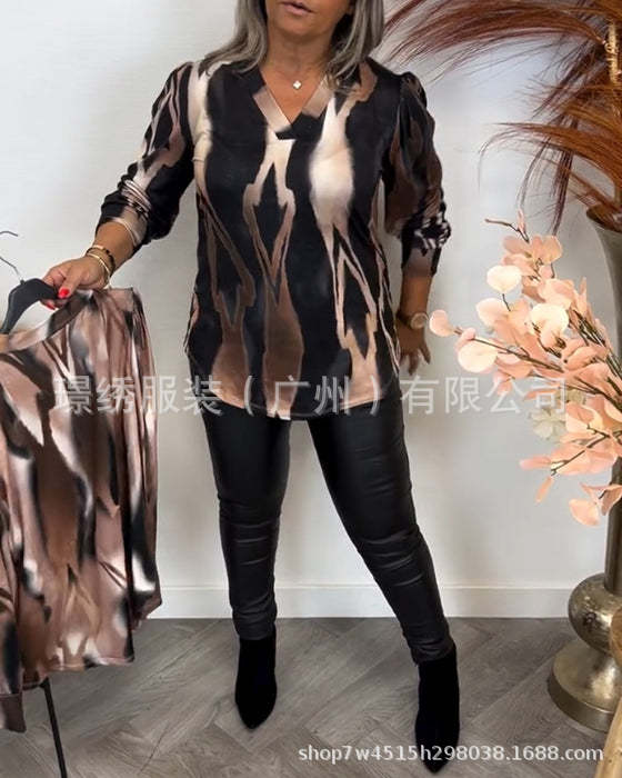 Elegant Abstract Print V-Neck Long Sleeve Blouse