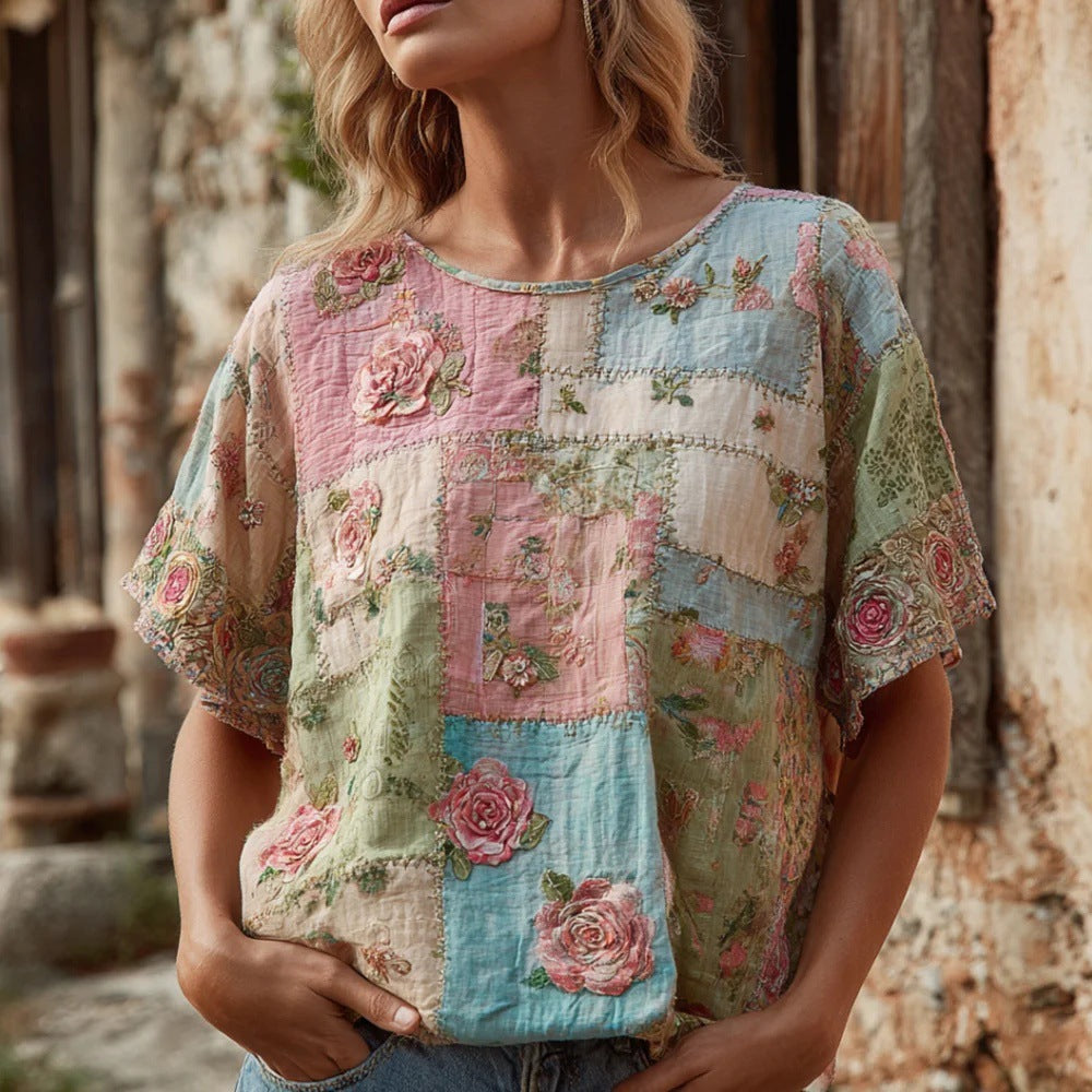 Rose Embroidered Boho Lace-Trim Blouse