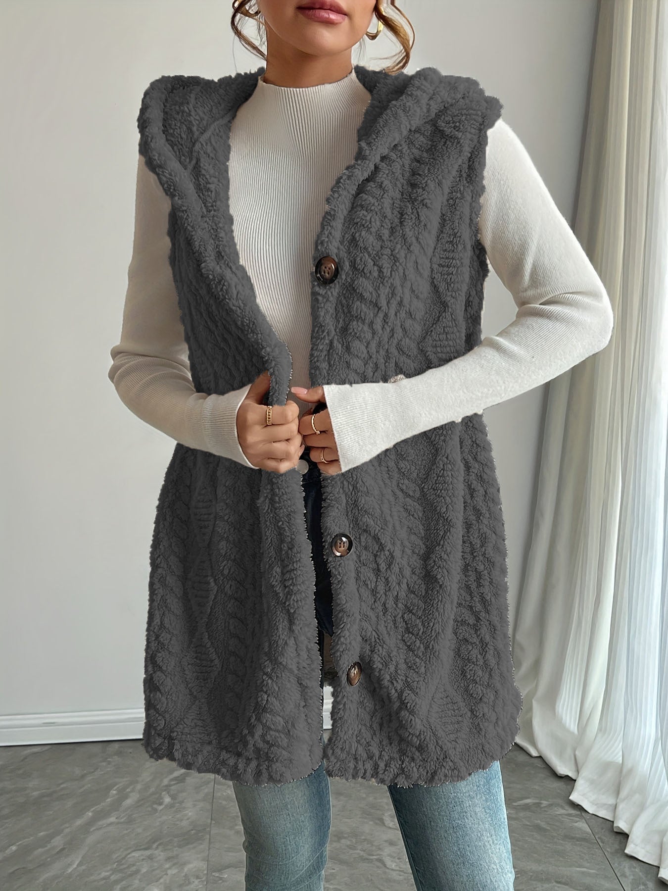 Laetitia™ | Hooded Textured Buttoned Sleeveless Vest