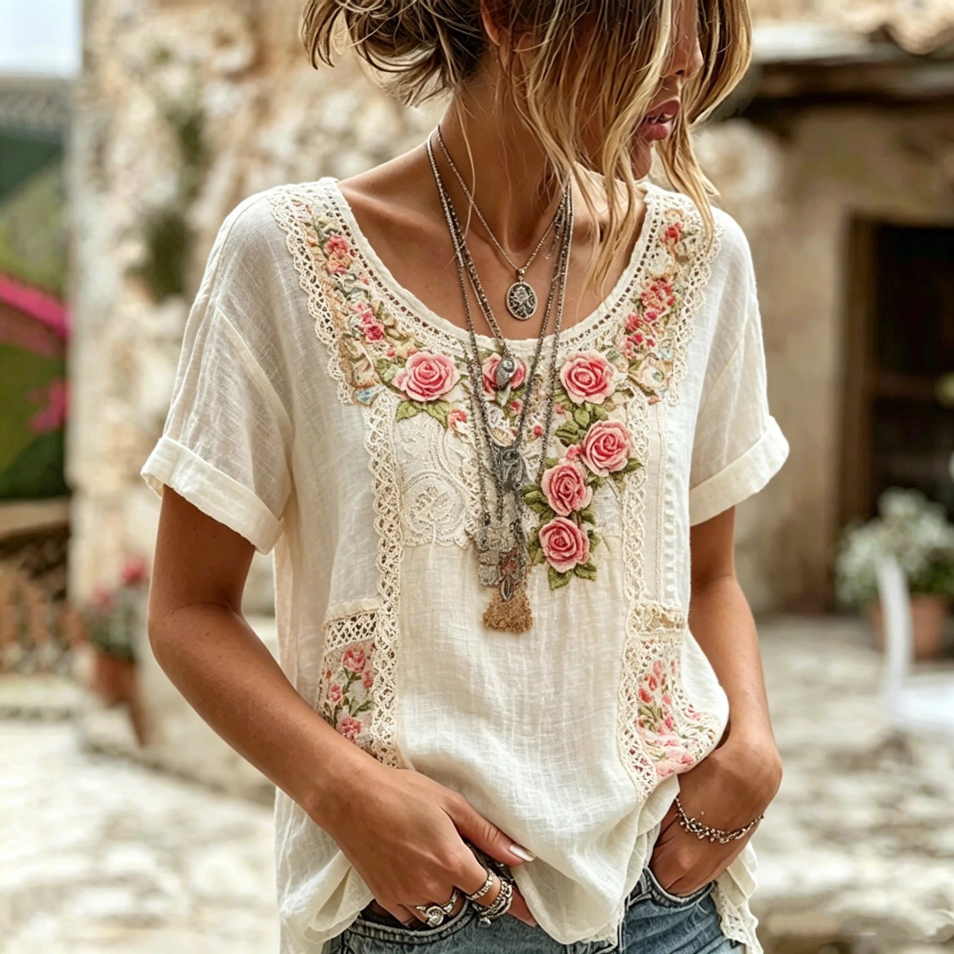 Rose Embroidered Boho Lace-Trim Blouse