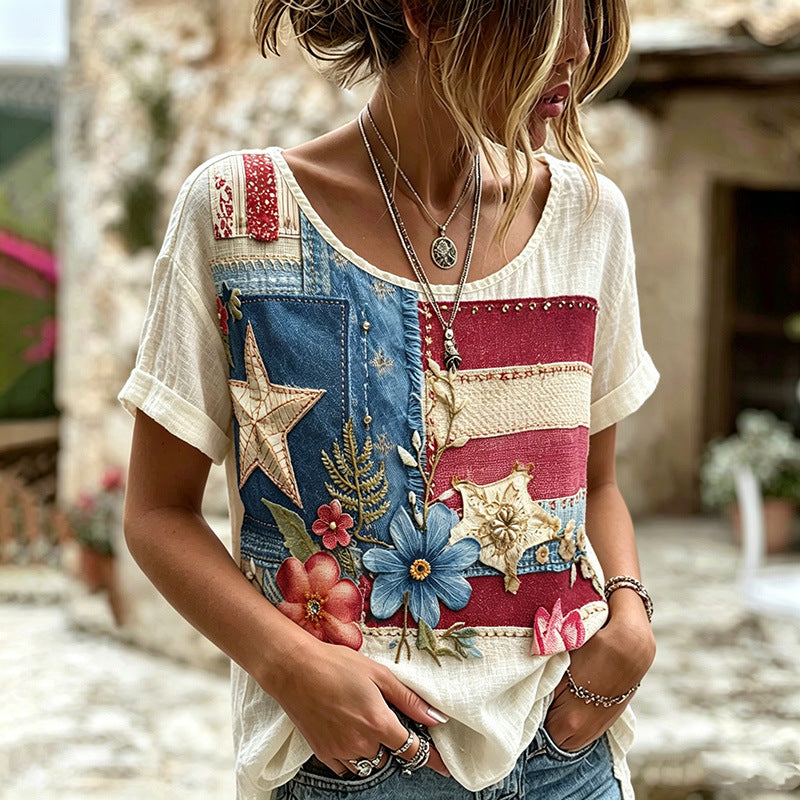 Rose Embroidered Boho Lace-Trim Blouse