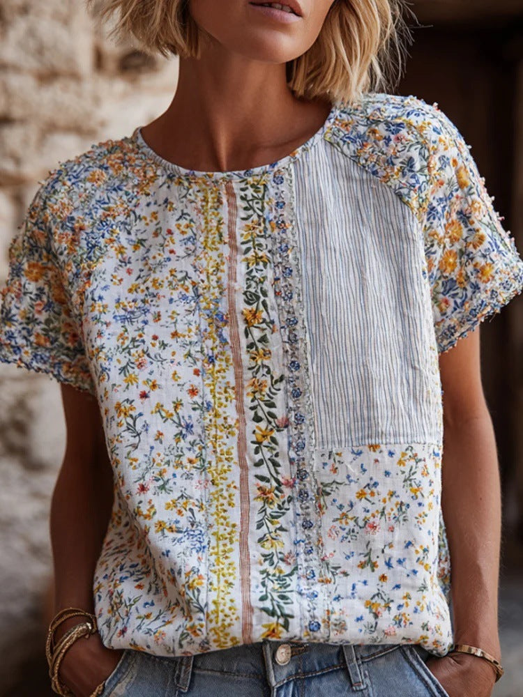 Rose Embroidered Boho Lace-Trim Blouse