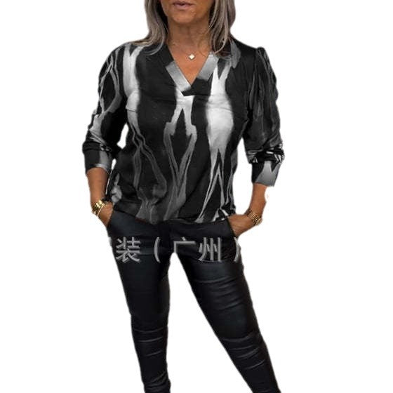 Elegant Abstract Print V-Neck Long Sleeve Blouse