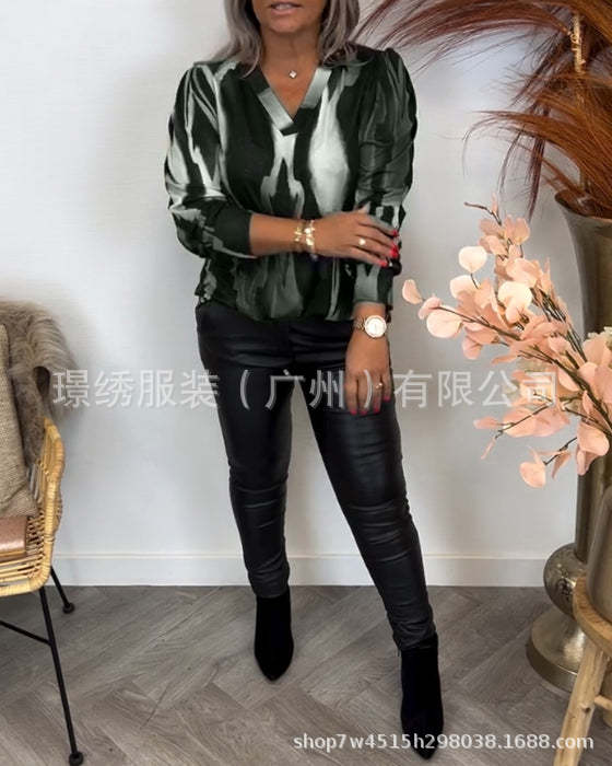 Elegant Abstract Print V-Neck Long Sleeve Blouse
