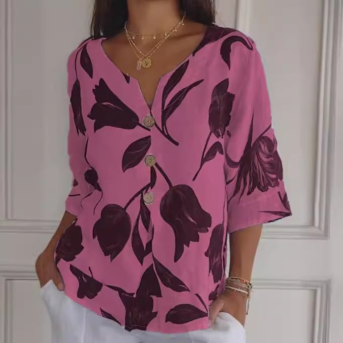 Floral Print Boho Linen Button Blouse