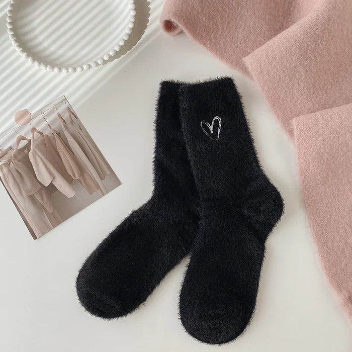 Soft Fuzzy Cozy Socks with Sweet Heart Embroidery
