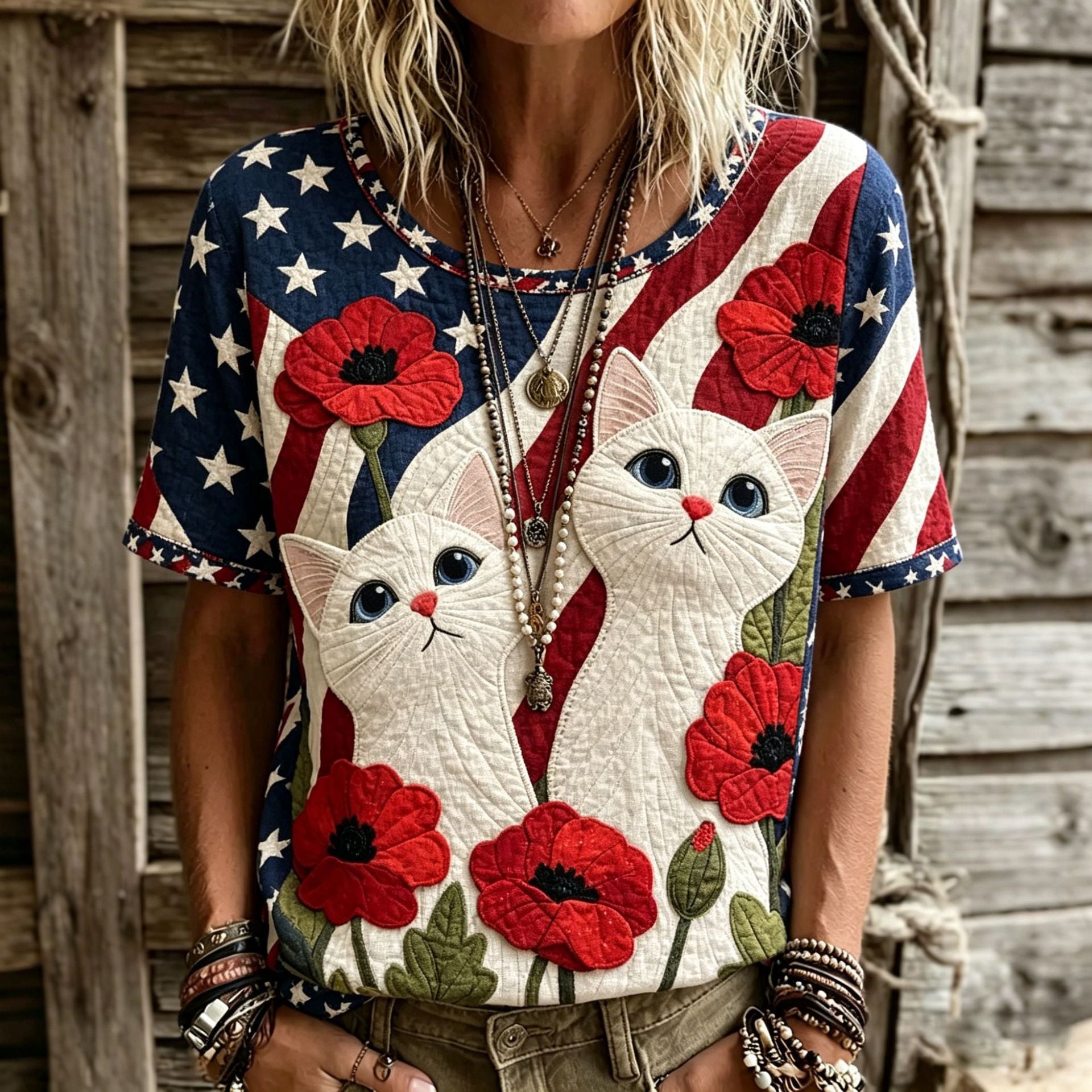 Rose Embroidered Boho Lace-Trim Blouse