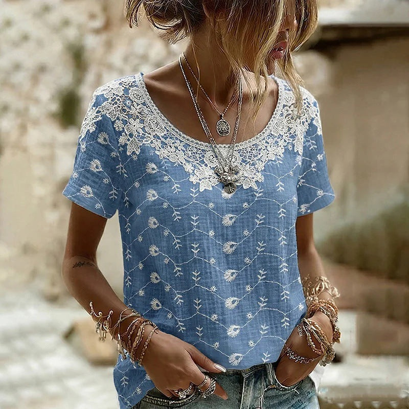 Rose Embroidered Boho Lace-Trim Blouse