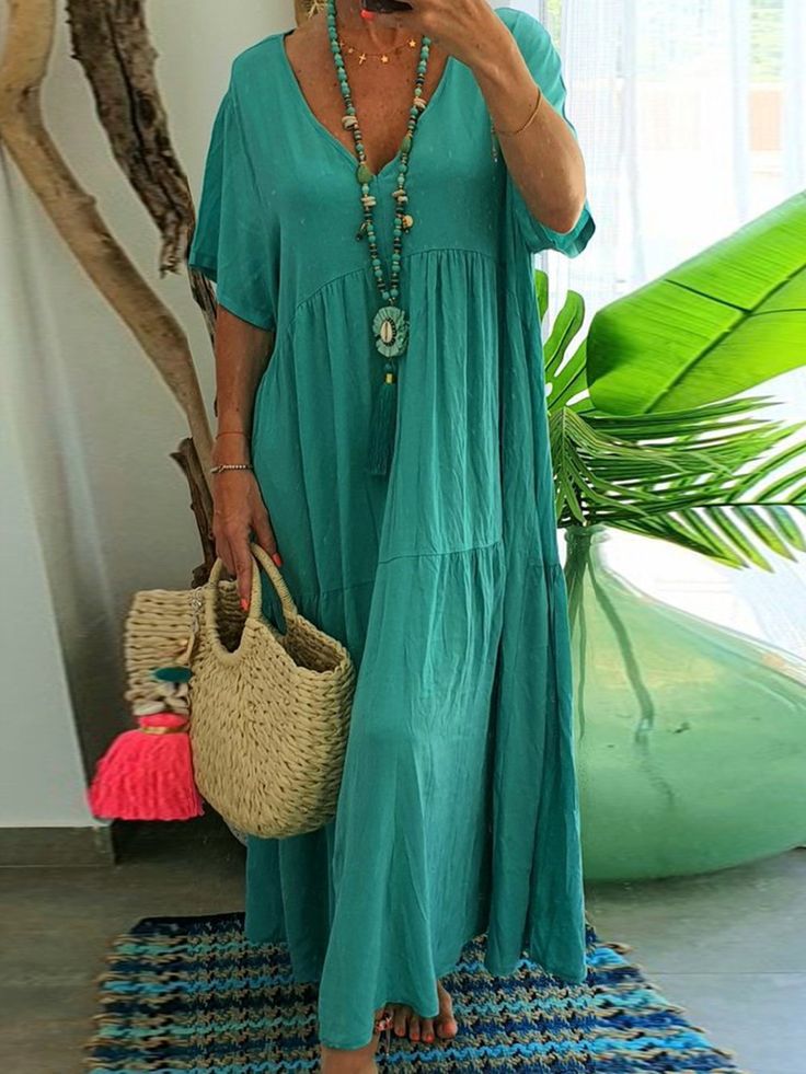 Tiered Boho V-Neck Loose Maxi Dress