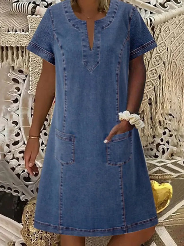 V-Neck Casual Pocket Denim Mini Dress