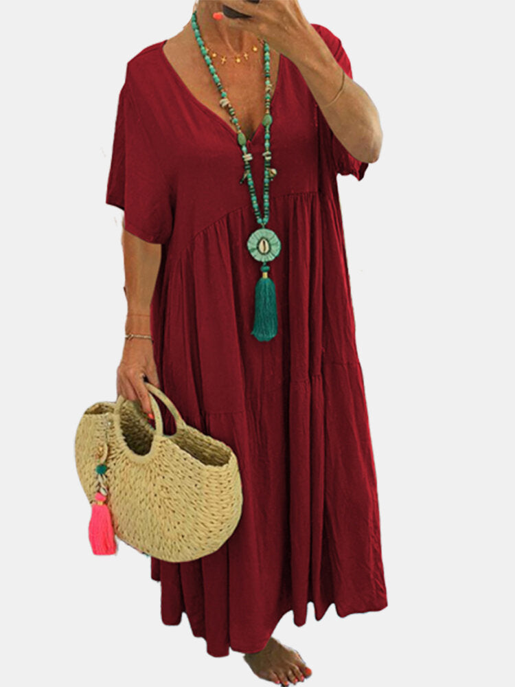 Tiered Boho V-Neck Loose Maxi Dress