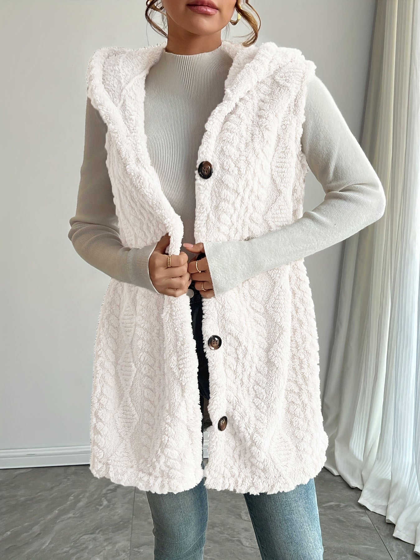 Laetitia™ | Hooded Textured Buttoned Sleeveless Vest