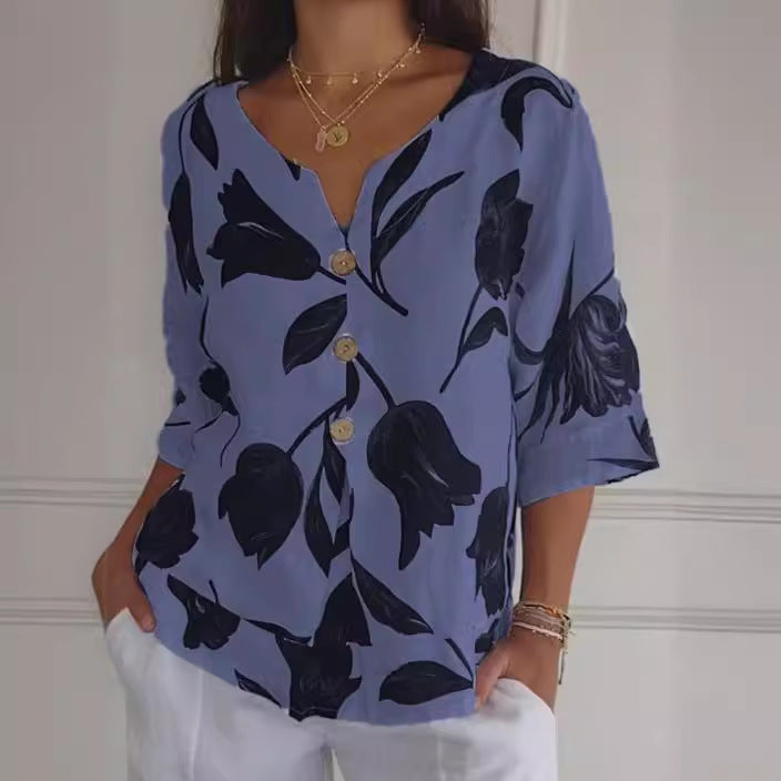 Floral Print Boho Linen Button Blouse