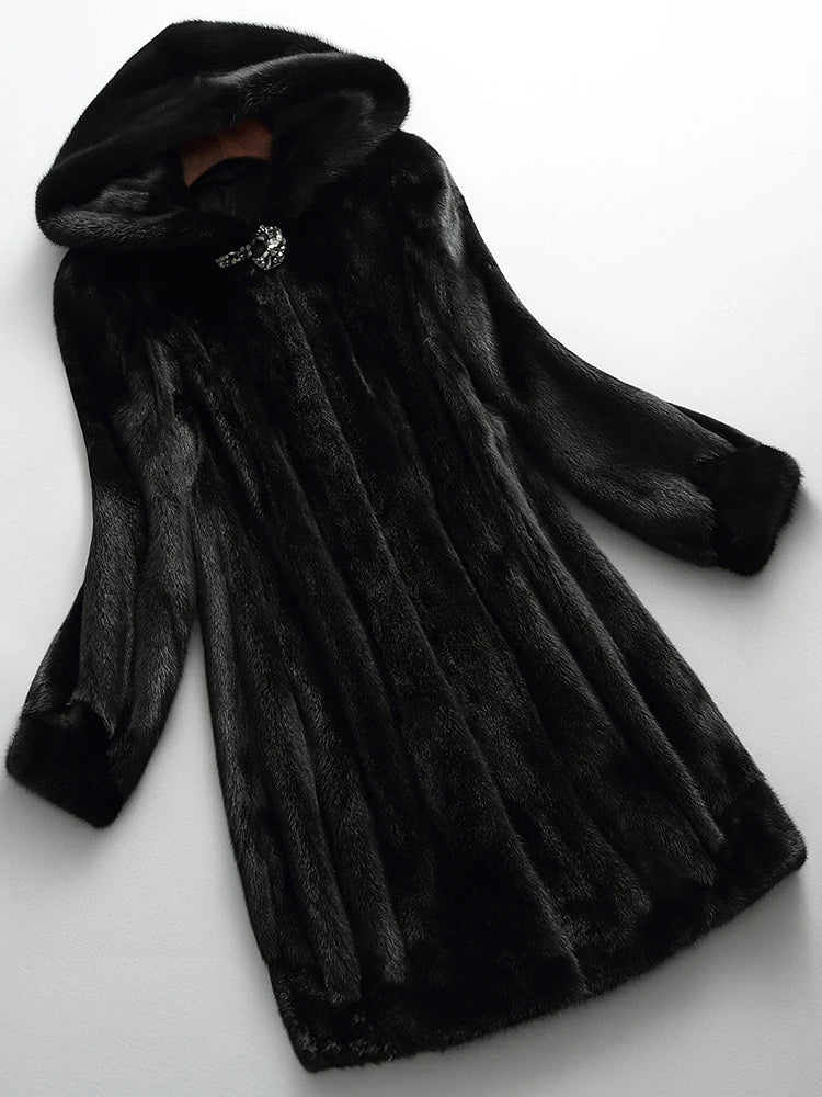 Eudora™ | Black hooded fur swing coat