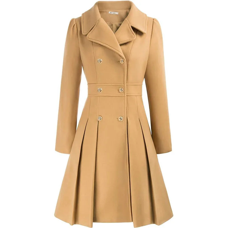 Alethea™ | Pleated Double-Breasted Fit-and-Flare Coat