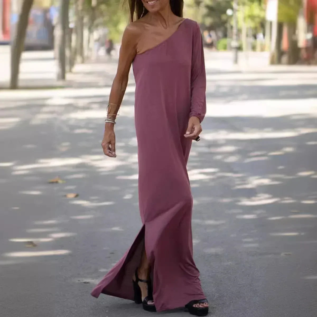 One-Shoulder Minimalist Draped Maxi Dress