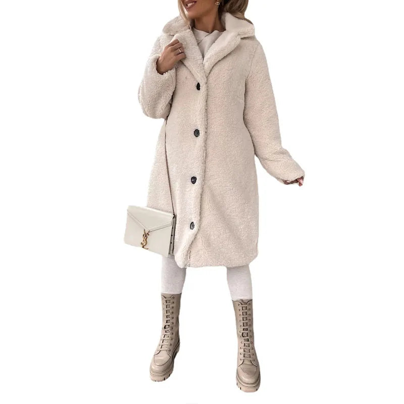 Emmeline™ | Long teddy sherpa coat with lapel collar and button front